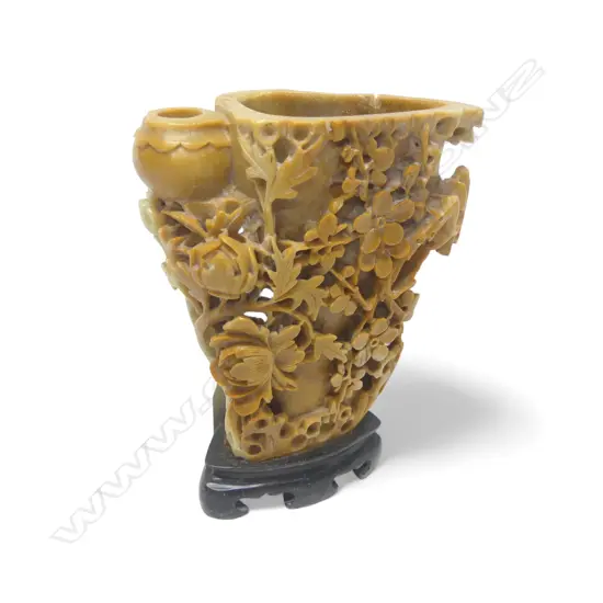 CHINESE FLORAL CARVED SOAPSTONE VASE H170MM
