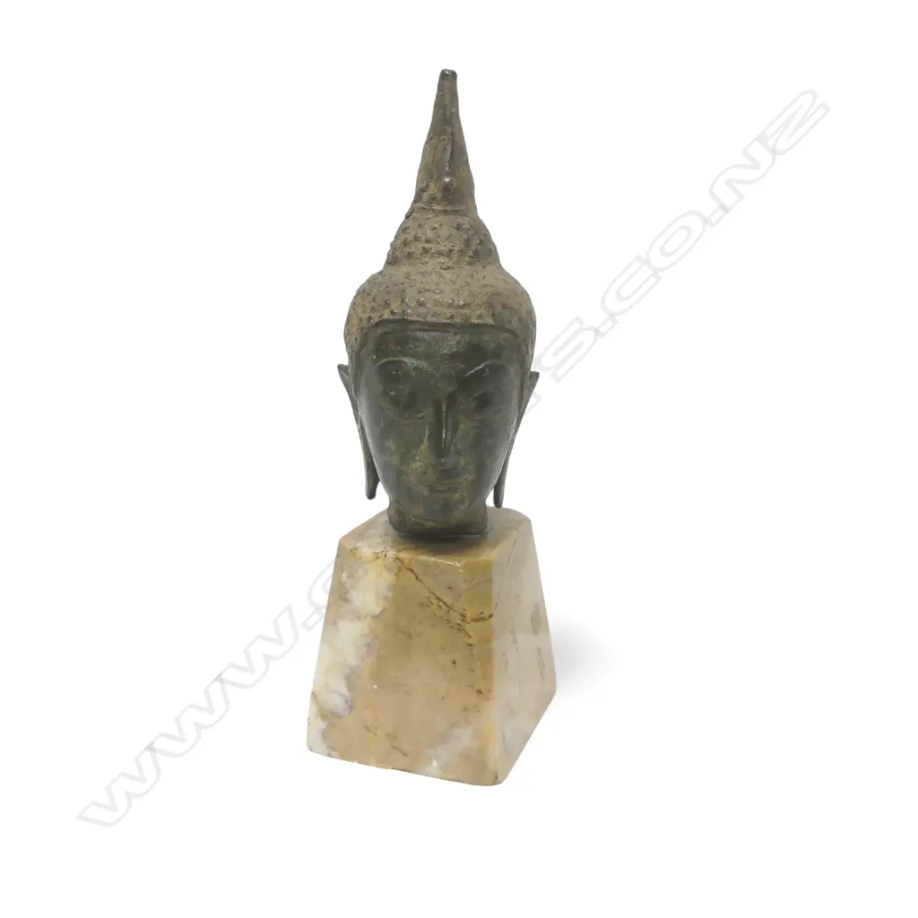 16THC THAI BRONZE BUDDHA HEAD ON STONE BASE H155MM Image 1++
