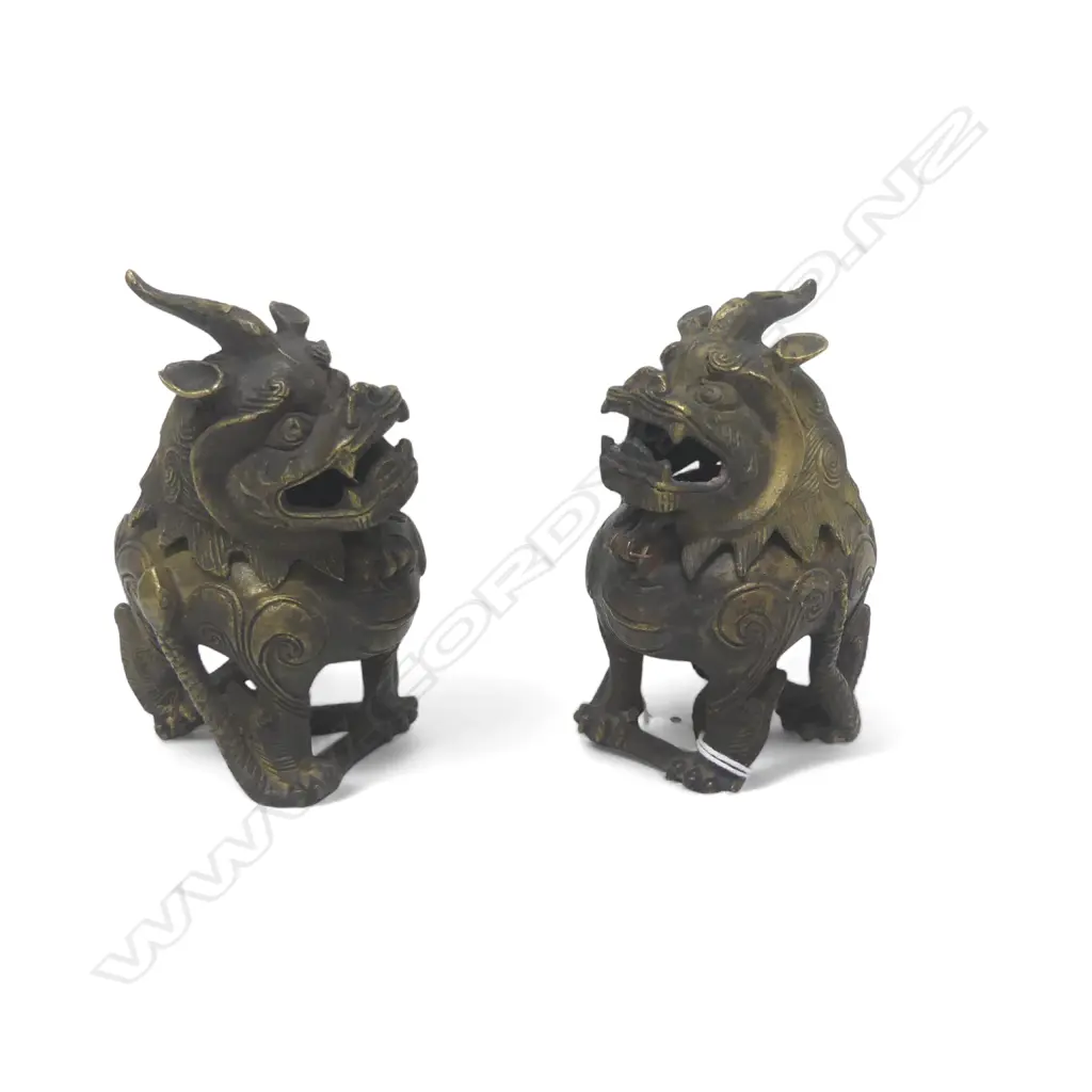PR BRONZE ANTIQUE CHINESE FOO DOG INCENSE BURNERS H120MM Image 1++