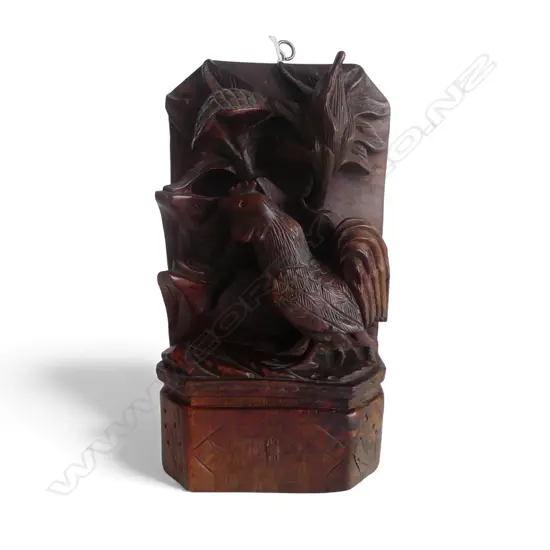ORIENTAL ROSEWOOD CARVING OF ROOSTER & FLOWERS H.205mm
