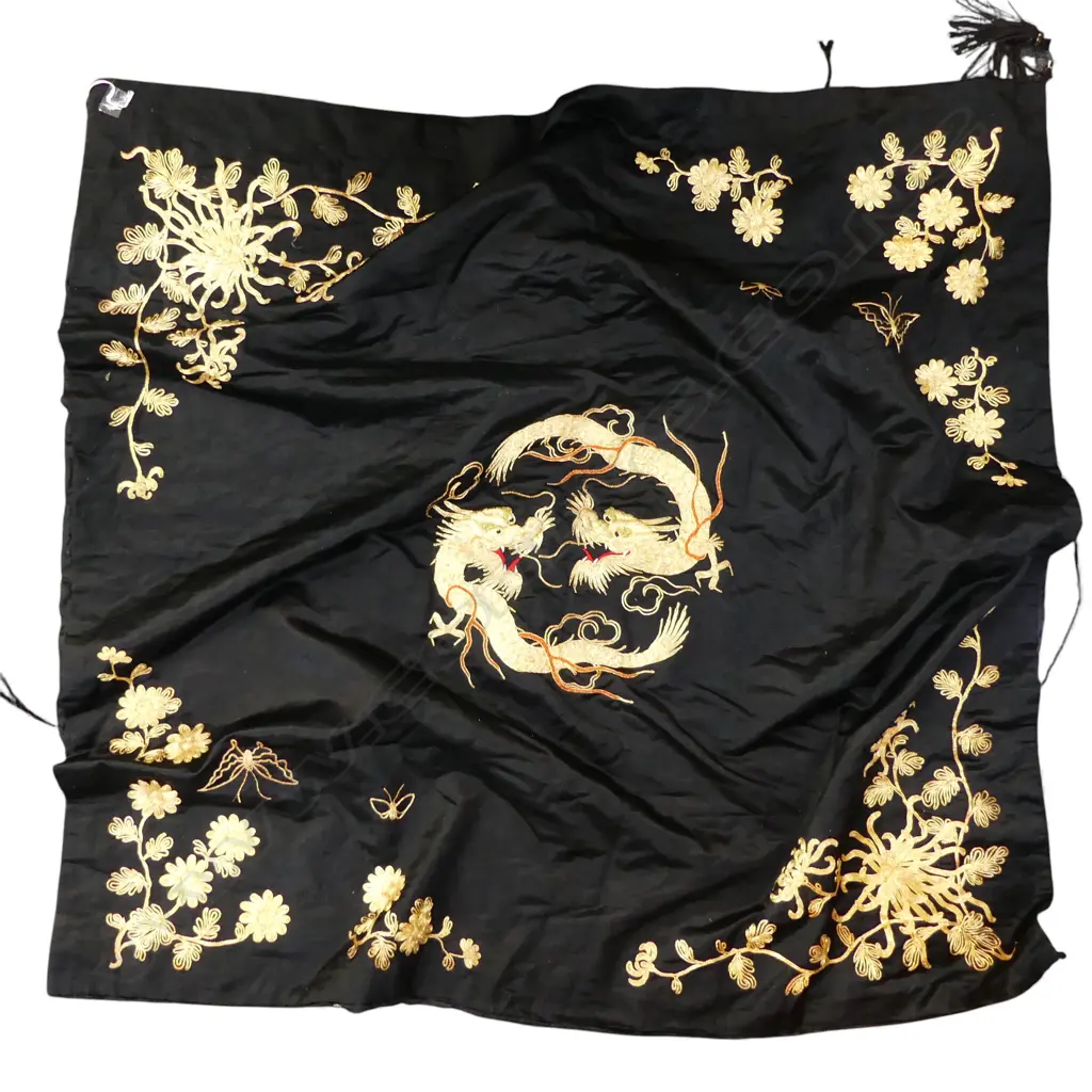 CHINESE VINTAGE BLACK SILK GOLD EMBROIDERED WALL HANGING L1100MM Image 1++