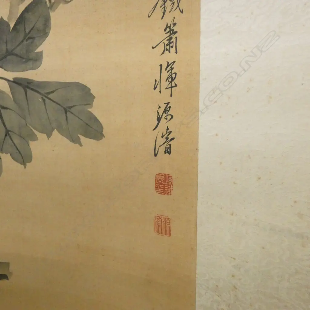 19C YUN YUAN JUN SCROLL INK & COLOUR PEONY SPRAYS SIGNED L165CM W83CM Image 1++