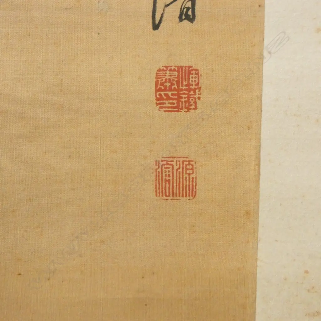 19C YUN YUAN JUN SCROLL INK & COLOUR PEONY SPRAYS SIGNED L165CM W83CM Image 1++