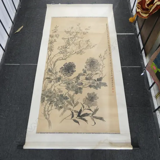 19C YUN YUAN JUN SCROLL INK & COLOUR PEONY SPRAYS SIGNED L165CM W83CM