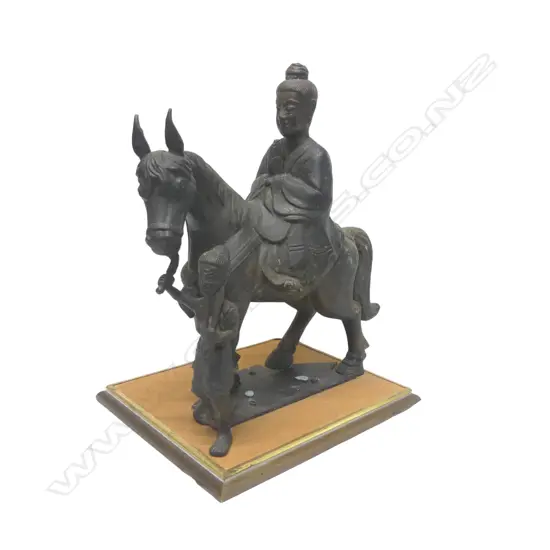 ANTIQUE CHINESE BRONZE FIGURE OF QUAN YIN ON HORSEBACK ON STAND L300 H305MM