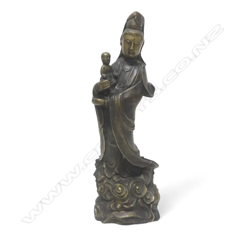 ANTIQUE CHINESE BRONZE STANDING GUAN YIN & CHILD H360MM Image 1++