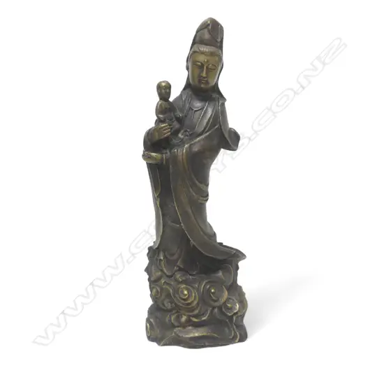 ANTIQUE CHINESE BRONZE STANDING GUAN YIN & CHILD H360MM