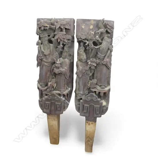 2 CARVED CHINESE WOOD ARCHITECTURAL TEMPLE PILLARS H.1070mm some faults