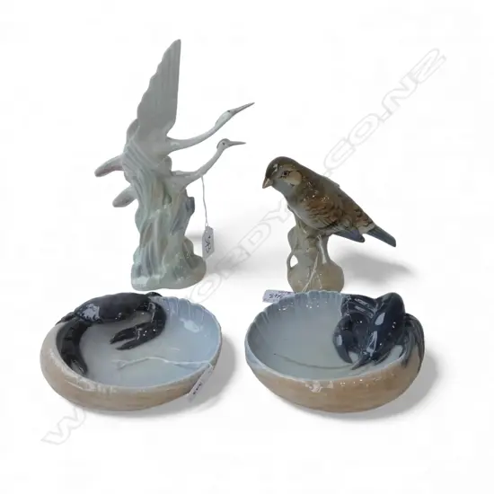 4 PCS EUROPEAN PORCELAIN; ROYAL DUX BIRD, NAO SWANS & PR COPENHAGEN DISHES