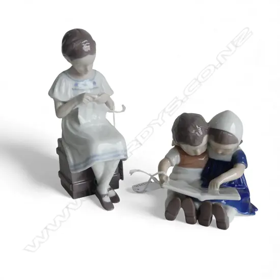 2 BING & GRONDAHL FIGURINES; GIRL KNITTING & CHILDREN READING, H.170 & 100mm