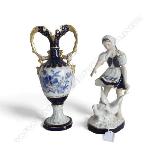 2 PCS ROYAL DUX; GIRL w GEESE, H.250mm & GILT HANDLED URN VASE, H.280mm 