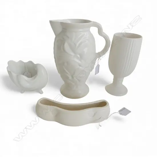 4 WHITE CHINA  MID CENTURY PCS JUG H220MM BEAKER H190 SHELL VASE & ANOTHER L180MM
