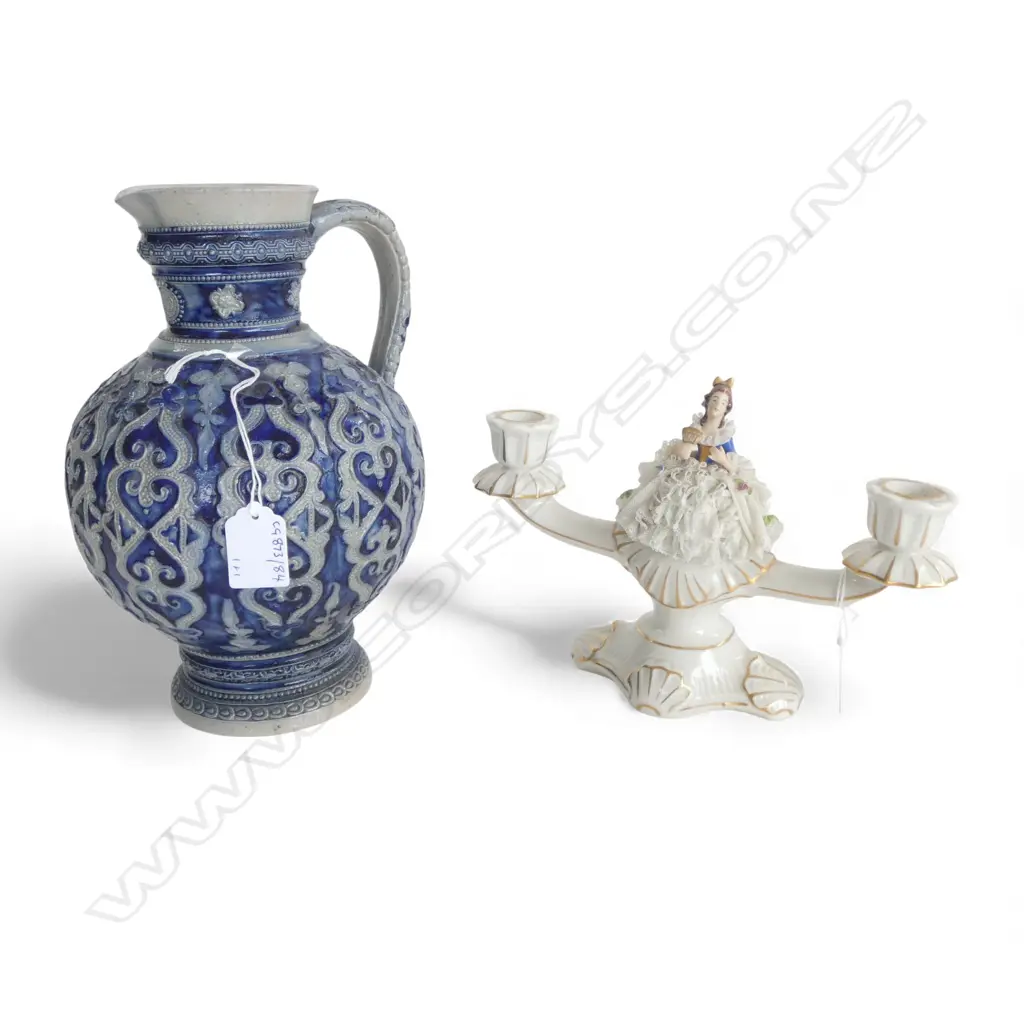 GERMAN STONEWARE JUG H250MM & DRESDON 2 BRANCH DOLL CANDLESTICK H170MM Image 1++