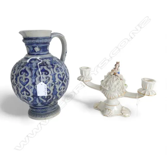 GERMAN STONEWARE JUG H250MM & DRESDON 2 BRANCH DOLL CANDLESTICK H170MM