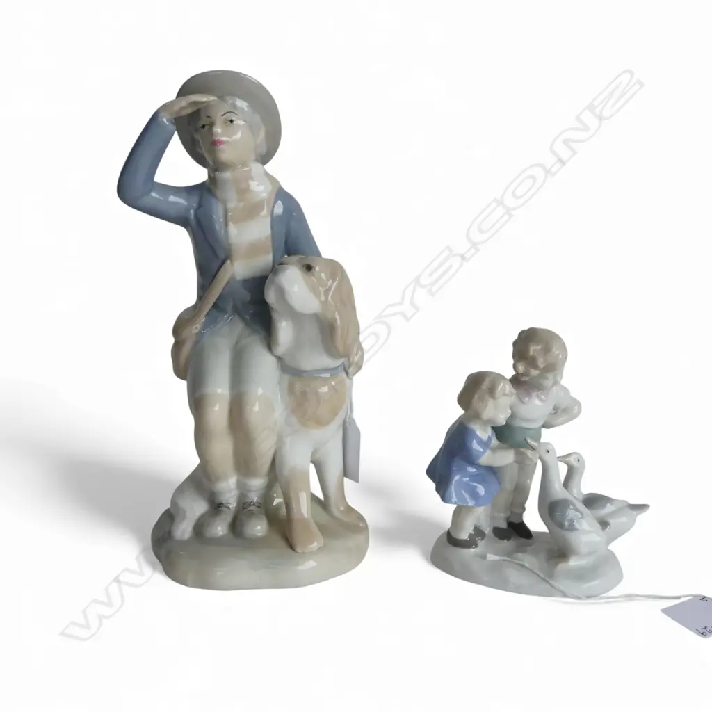 2 PCS PORCELAIN; MIQUEL REQUENA BOY w DOG, H.240mm & CARL SCHEIDIG CHILDREN w GEESE, H.120mm Image 1++
