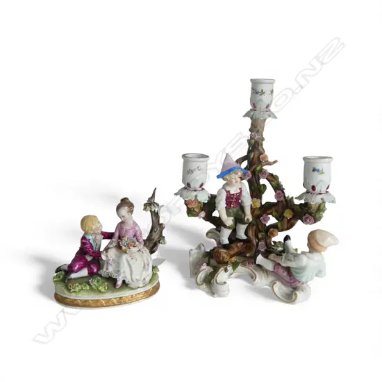 CAPODIMONTE FIGURAL GROUP YOUNG GIRL & BOY (AF) L.140 WITH MEISSEN CANDLEABRA WITH TWO FIGURES H.255mm