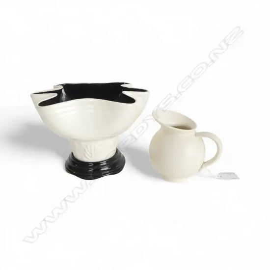 BESWICK CHINA BLACK & WHITE DESIGNER VASE ON GLASS STAND  & SPODE WHITE CHINA JUG H110MM