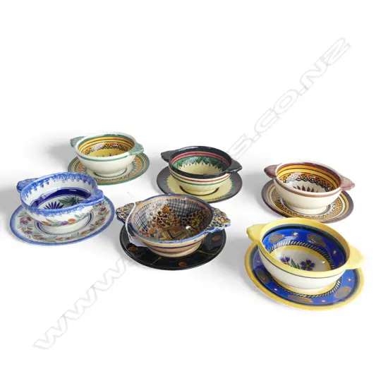 6 HAND PAINTED QUIMPER SOUP COUPES & DISHES DIA180MM