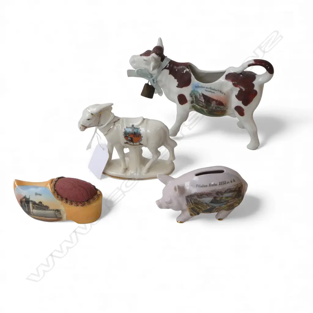 4 EARLY 20thC CRESTED ITEMS: cow creamer + donkey + pig + clog pin cushion 'Ypres' Image 1++