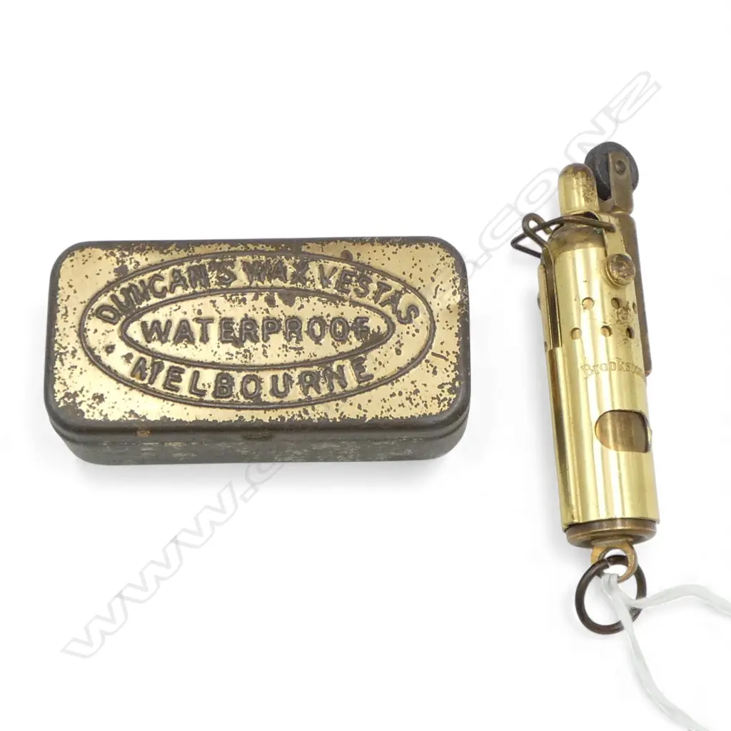 BROOKESTONE VINTAGE BRASS LIGHTER + CASE OF 'DUNCAN'S WAX VESTAS MELBOURNE' Image 1++