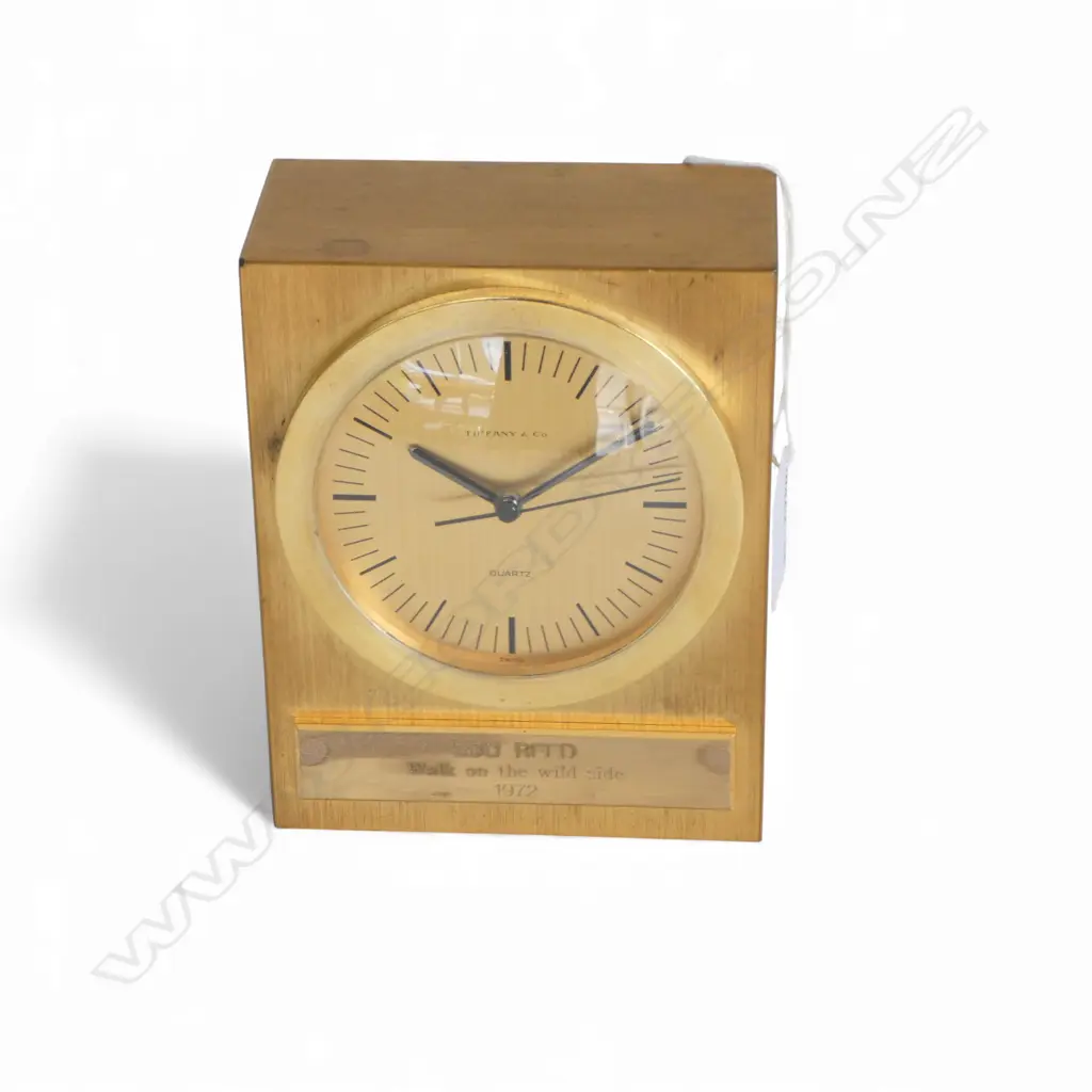 1970's TIFFANY & CO. MANTLE CLOCK, plaque 'LOU REED walk on the wild side 1972', some surface tarnish, not running Image 1++