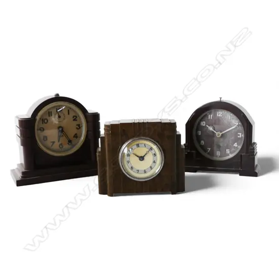 3 1920/30s BAKELITE WIND-UP ALARM CLOCKS, 1 FRENCH 'JAZ', TALLEST. 130mm