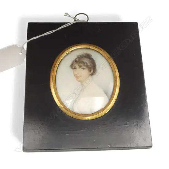 19thC PORTRAIT MINIATURE (probably on ivory) YOUNG WOMAN. In ebonised frame 135 x 105mm