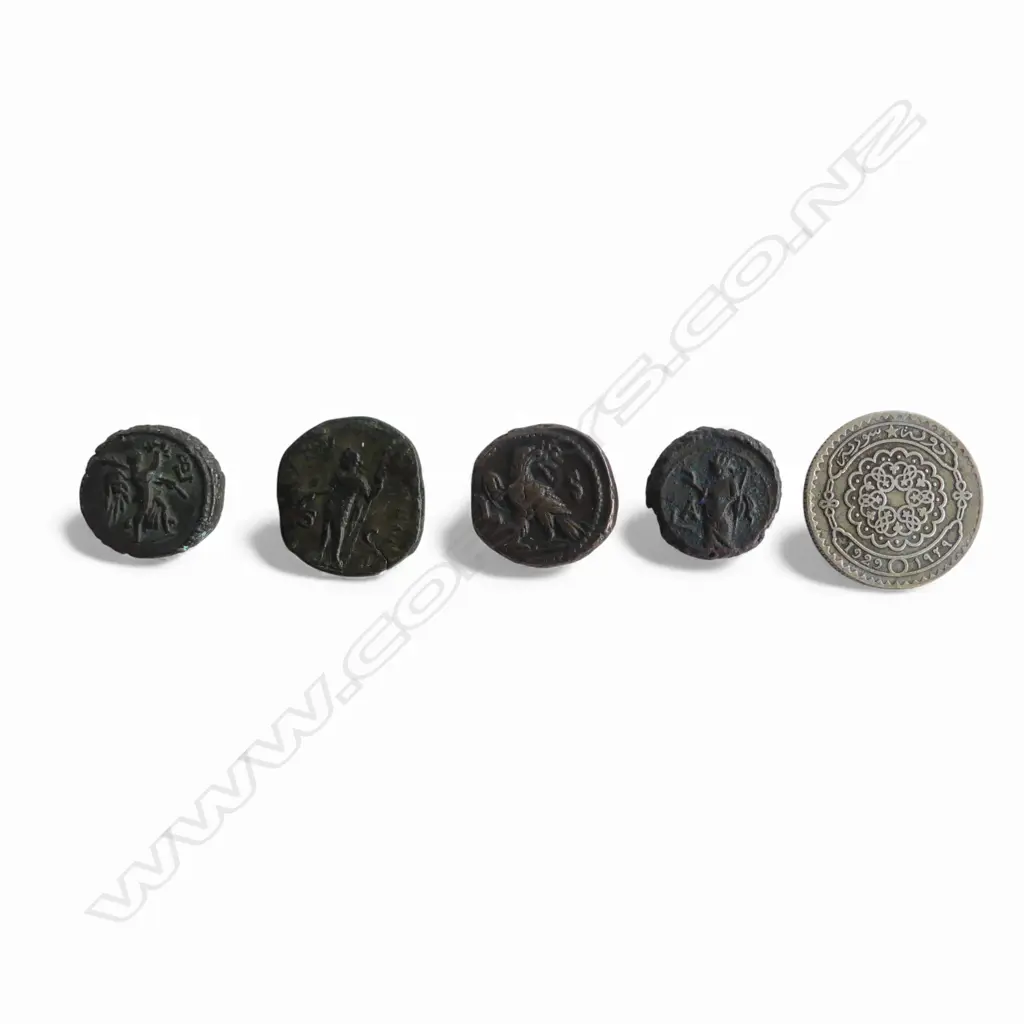 4 ROMAN COINS; CLAUDIUS, SEVERUS, DIOCLETIAN, GORDIAN III & 1 SYRIAN 1929 COIN Image 1++