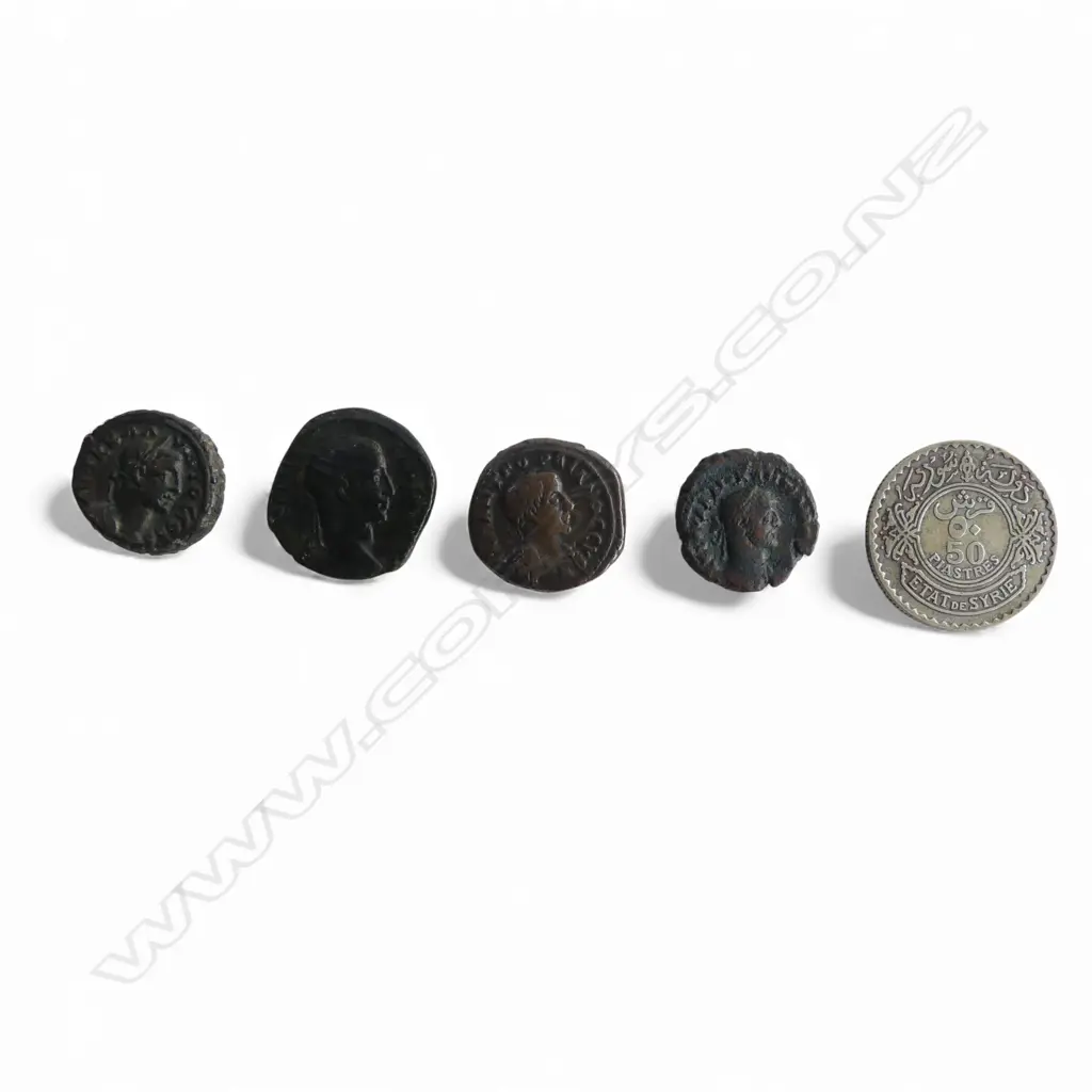 4 ROMAN COINS; CLAUDIUS, SEVERUS, DIOCLETIAN, GORDIAN III & 1 SYRIAN 1929 COIN Image 1++