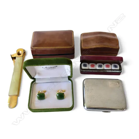 3 ITALIAN TOOLED LEATHER BOXES, 1 w DICE, PR VINTAGE CUFFLINKS, CIGAR CUTTER, CIG CASE