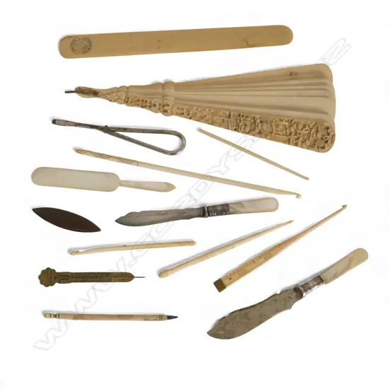 BAG ASST: SEWING ITEMS + OLD CHINESE FAN + IVORY ETC