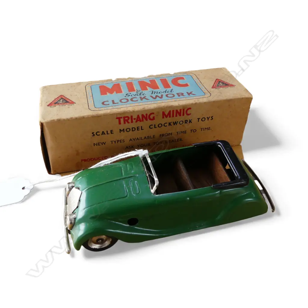 TRI-ANG MINIC 'SCALE MODEL CLOCK' tinplate CAR 14M Streamline Sports Tourer. V.tidy cond. no key w box no flaps 1 end. Image 1++