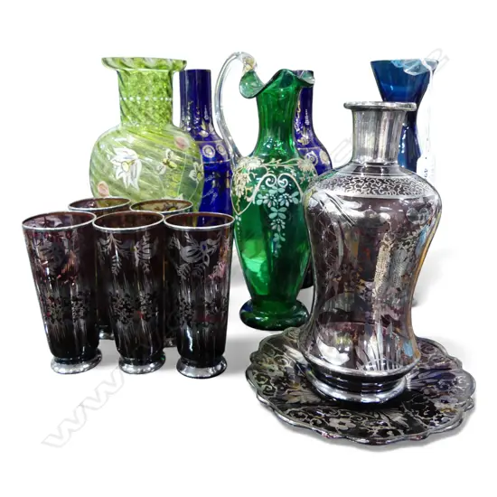COLLECTION OF COLOURED & SILVERED GLASS 260MM TALLEST