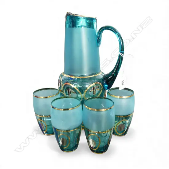RETRO BLUE GLASS WATER JUG H280MM & 4 GLASSES 