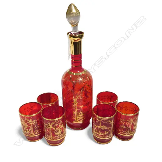 RED GLASS DECANTER &6 MATCHING GLASSES 