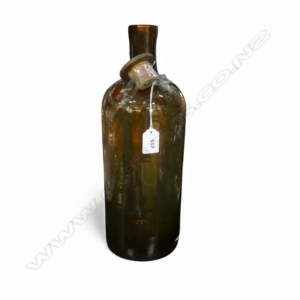 TALL VINTAGE AMBER GLASS BOTTLE w wood & cork stopper, H.370mm Image 1++