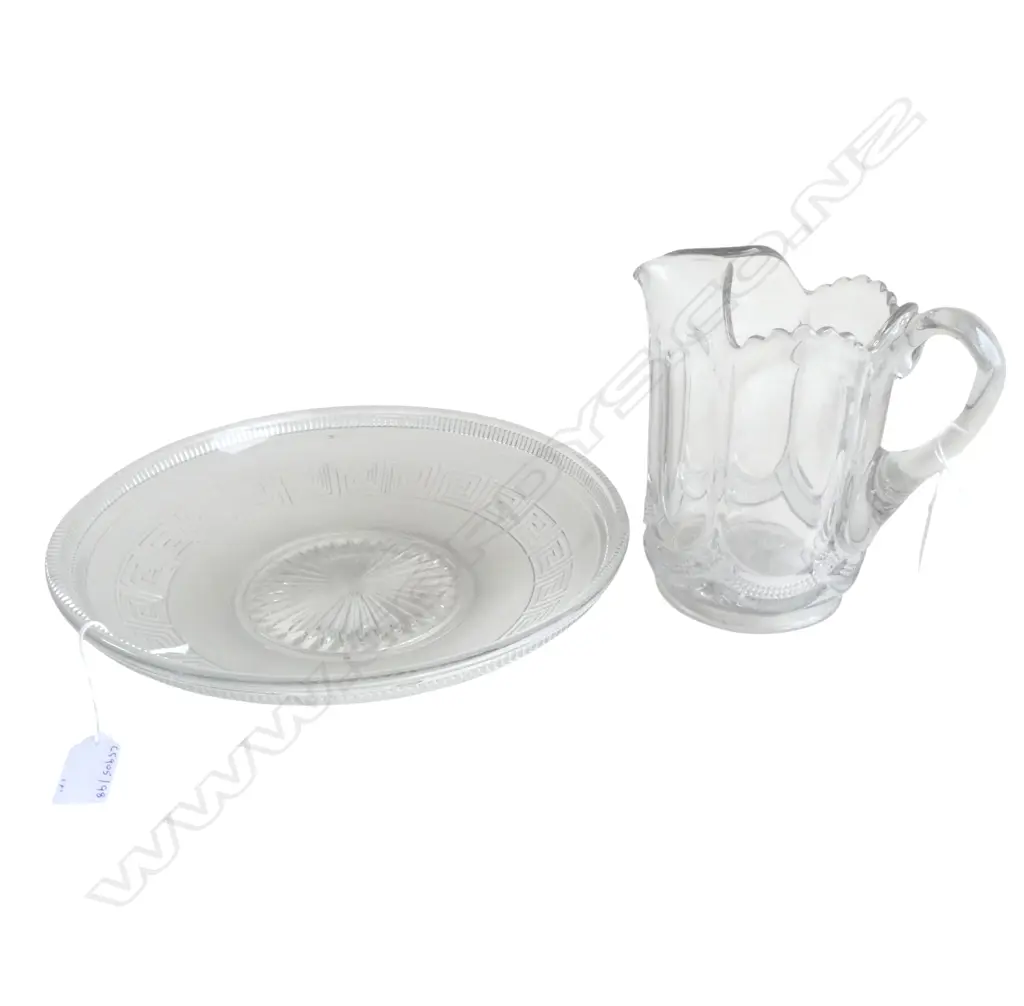 EDWARDIAN VINTAGE PRESSED GLASS JUG H200MM & BOWL DIA 320MM Image 1++