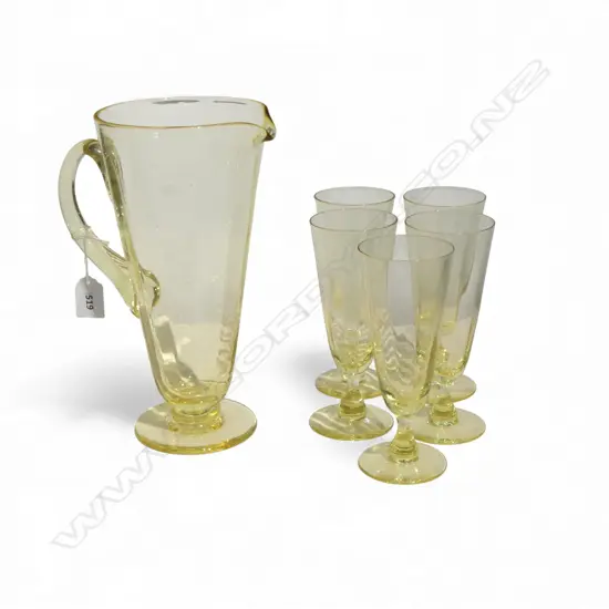 AMBER GLASS WATER JUG H270MM & 5 GLASSES