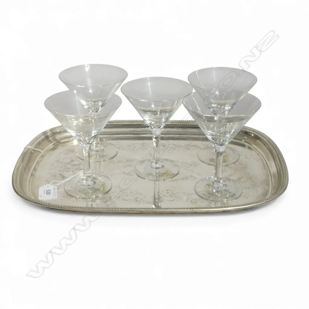 SET OF 5 LOTUS CRYSTAL MARTINI GLASSES H130MM ON EP SERVING TRAY L380MM Image 1++