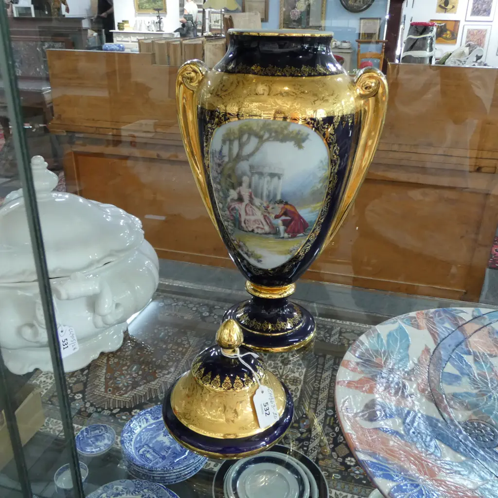 TALL FRENCH LIMOGES LIDDED URN VASE, COURTING SCENE, H.480mm Image 1++