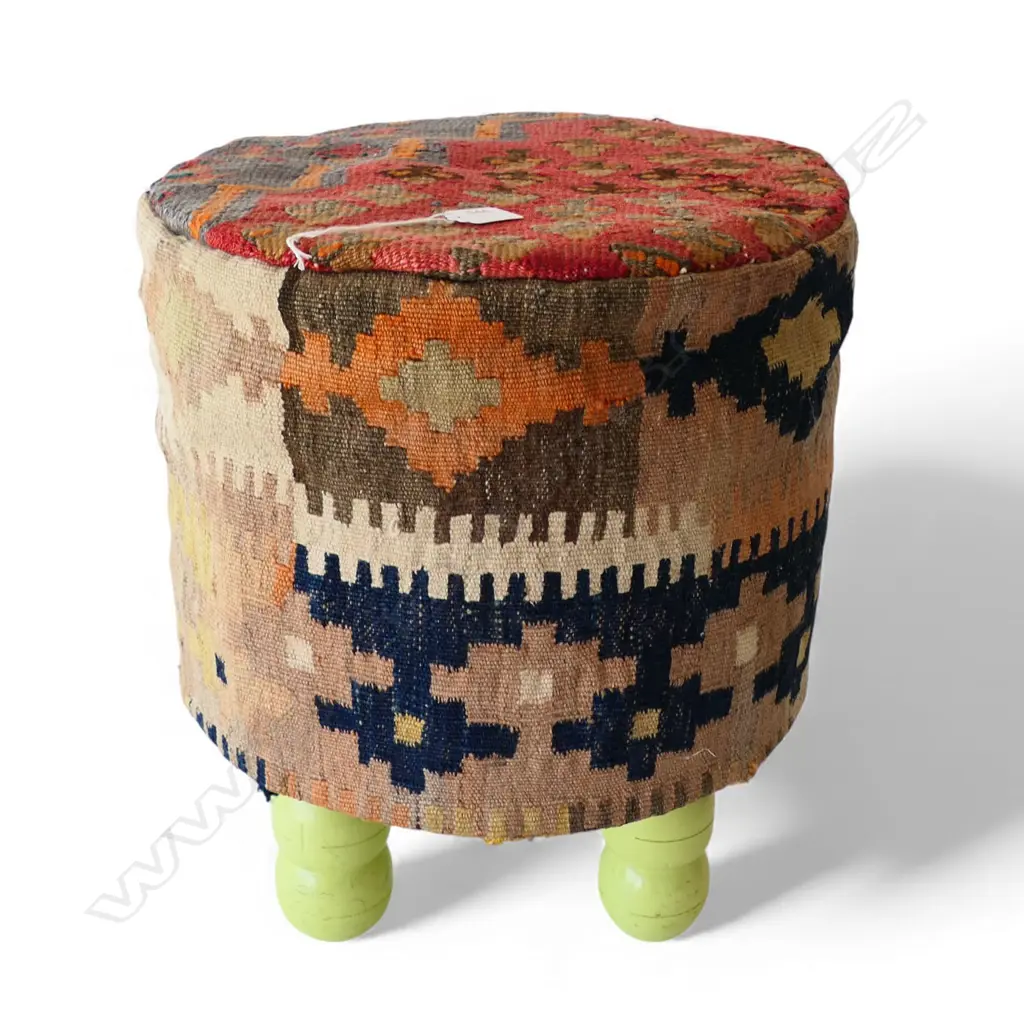AFGHAN KILIM STOOL, LIME GREEN WOODEN BASE, H.400mm Dia.380mm Image 1++