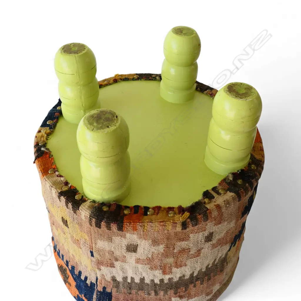 AFGHAN KILIM STOOL, LIME GREEN WOODEN BASE, H.400mm Dia.380mm Image 1++