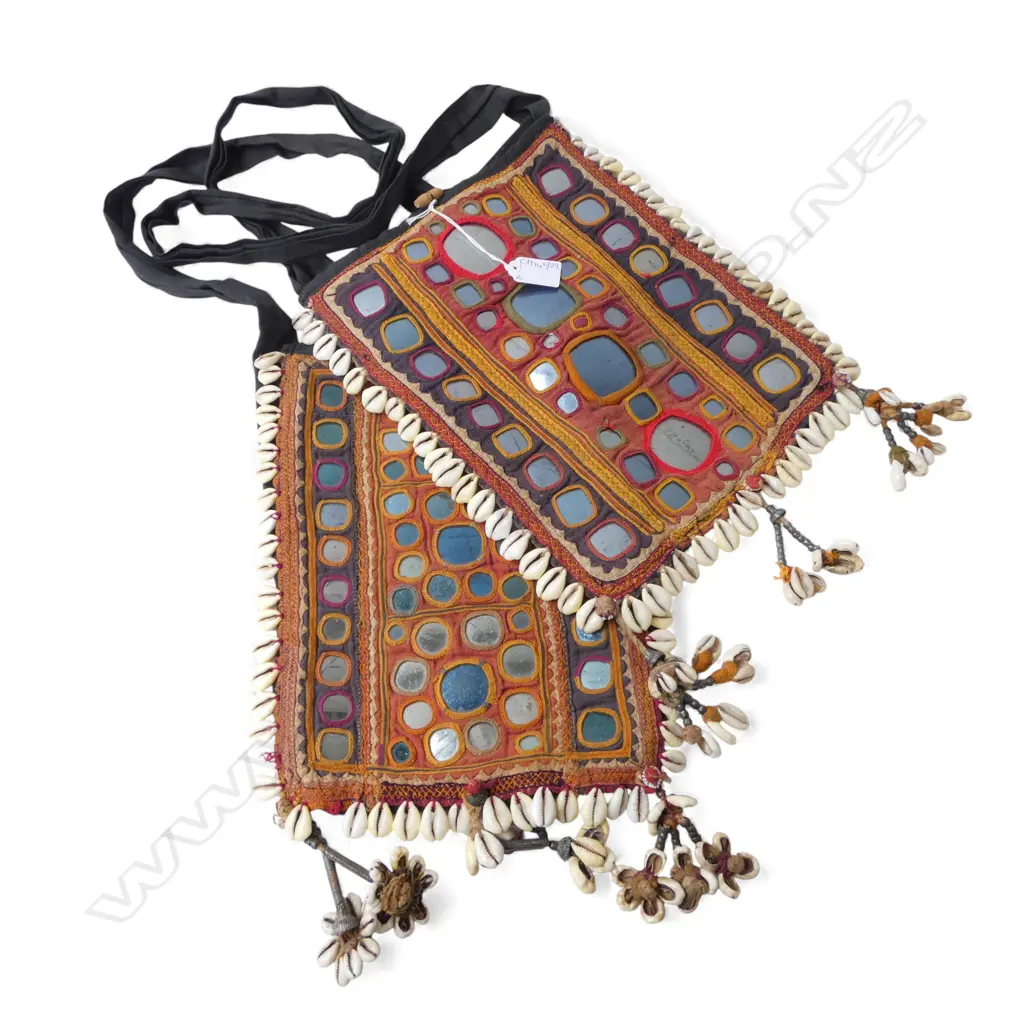 2 VINTAGE BANJARA BAGS w. MIRRORS & COWRIE SHELLS 320x260mm Image 1++