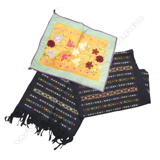 UZBEK EMBROIDERY ON SILK 580x480mm + 2 PCES BLACK BURMESE TRIBAL FABRIC (CHIN)