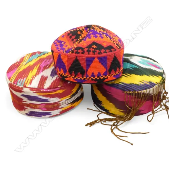 3 UZBEK TRIBAL CAPS; 2 IKAT
