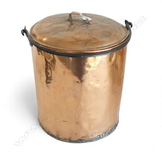 ANTIQUE LARGE COPPER LIDDED BUCKET with iron swing over-head handle. H.335mm