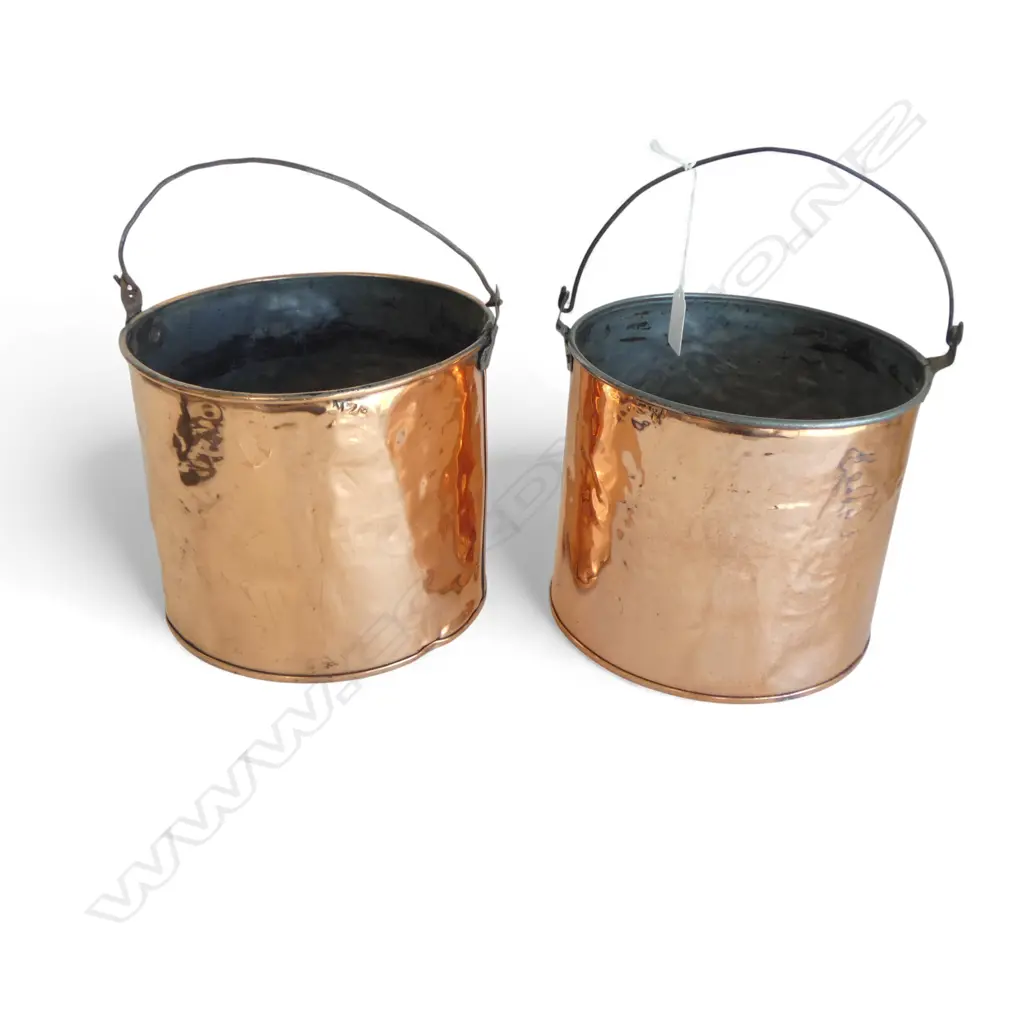 Pr of stamped 'NZR' COPPER BUCKETS with over-head swing handles. Dia.200mm. H.170mm Image 1++
