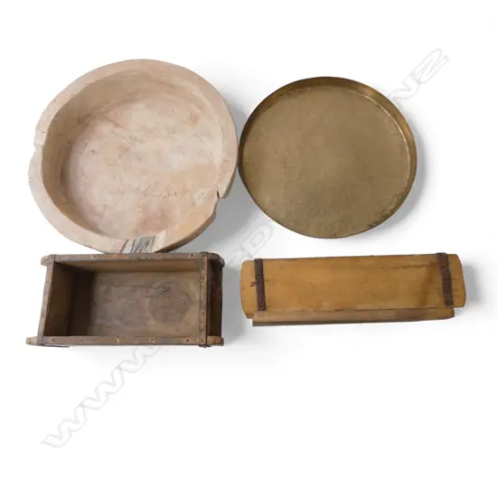 2 VINTAGE WOODEN BOXES W.320mm, BRASS TRAY 340mm dia, WOODEN BOWL 390mm dia