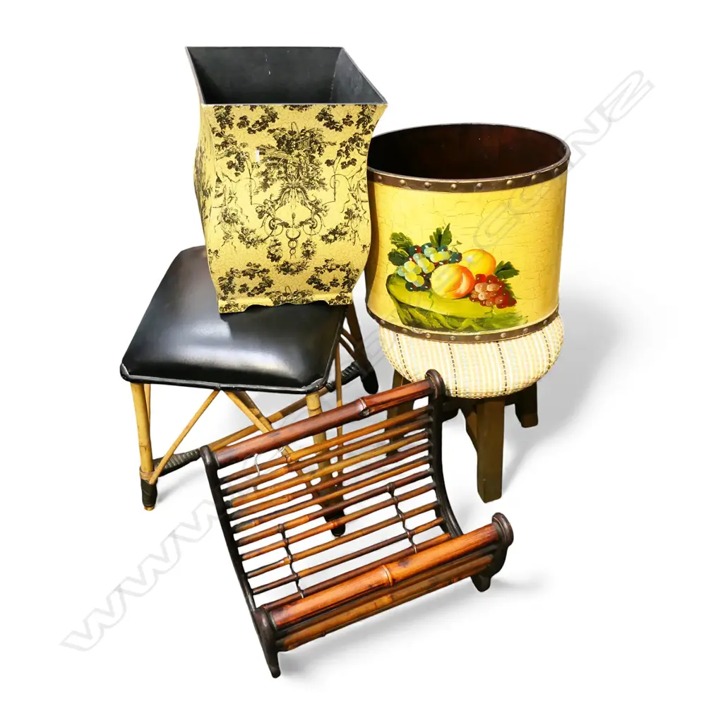 2 STOOLS, 2 PAPER BINS & BAMBOO MAGAZINE RACK  Image 1++