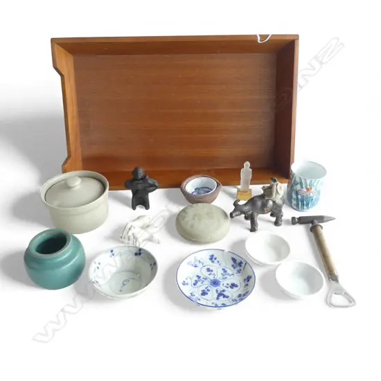 TRAY OF ORNAMENTS incl: SUNG lidded box, pottery figures, brass bottle opener, nut cracker etc